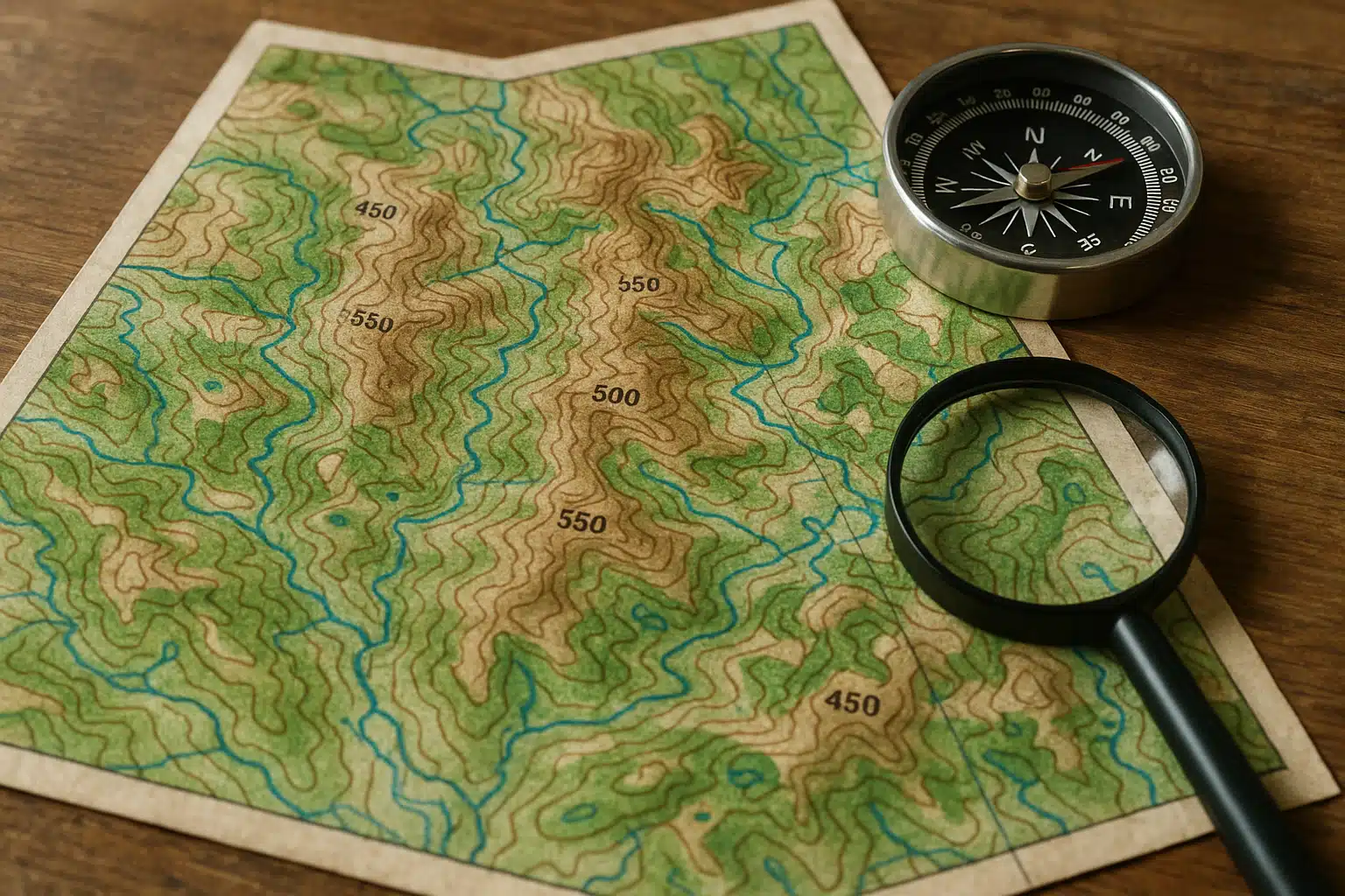 Close-up view of a detailed topographic map with contour lines, elevation markers, and terrain features, spread on a wooden surface with a compass and magnifying glass beside it, natural lighting, educational and exploratory atmosphere