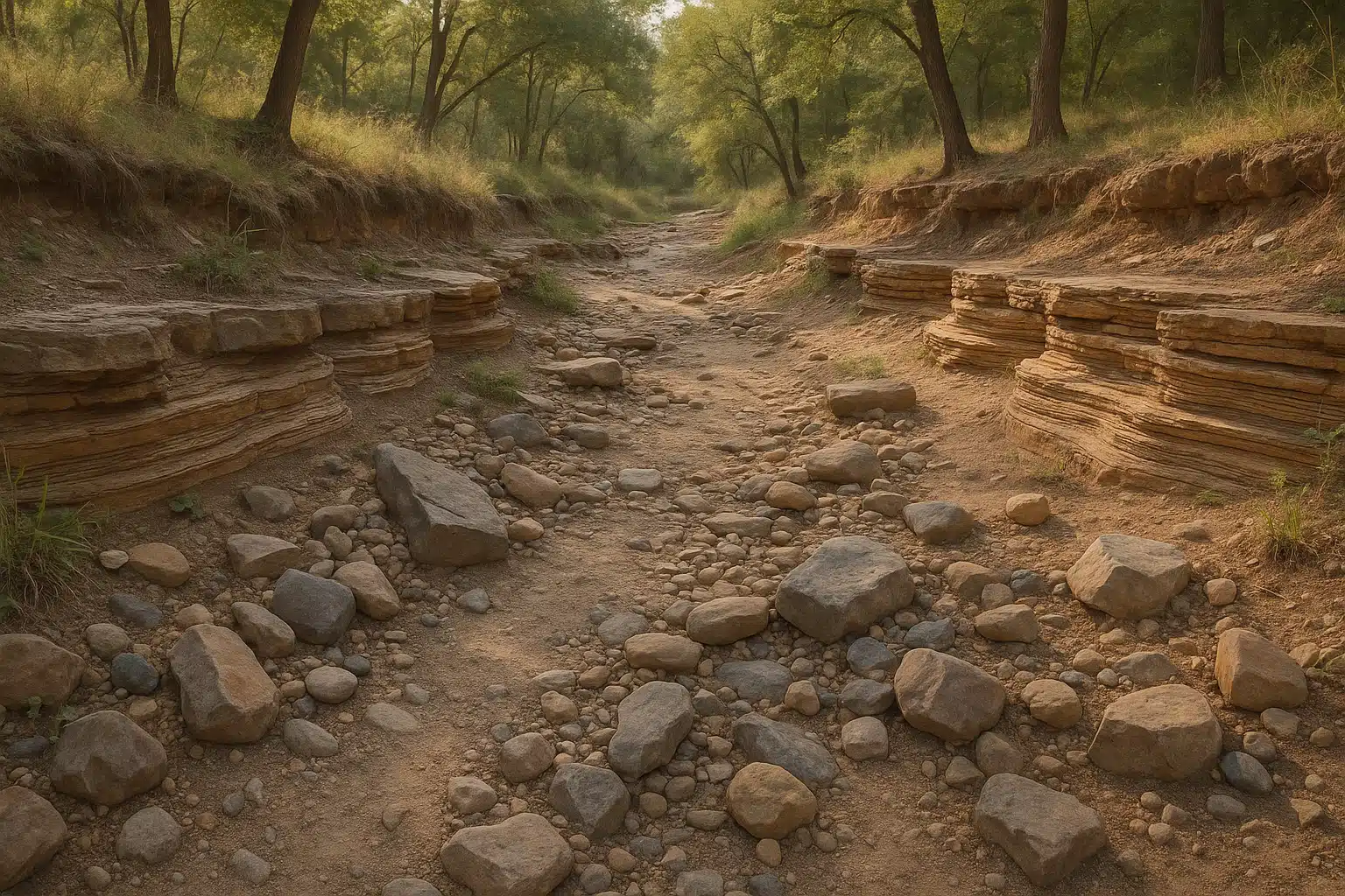 A peaceful dry creek bed with exposed rocks and sediment layers, natural outdoor lighting, educational and inviting atmosphere with subtle earth tones