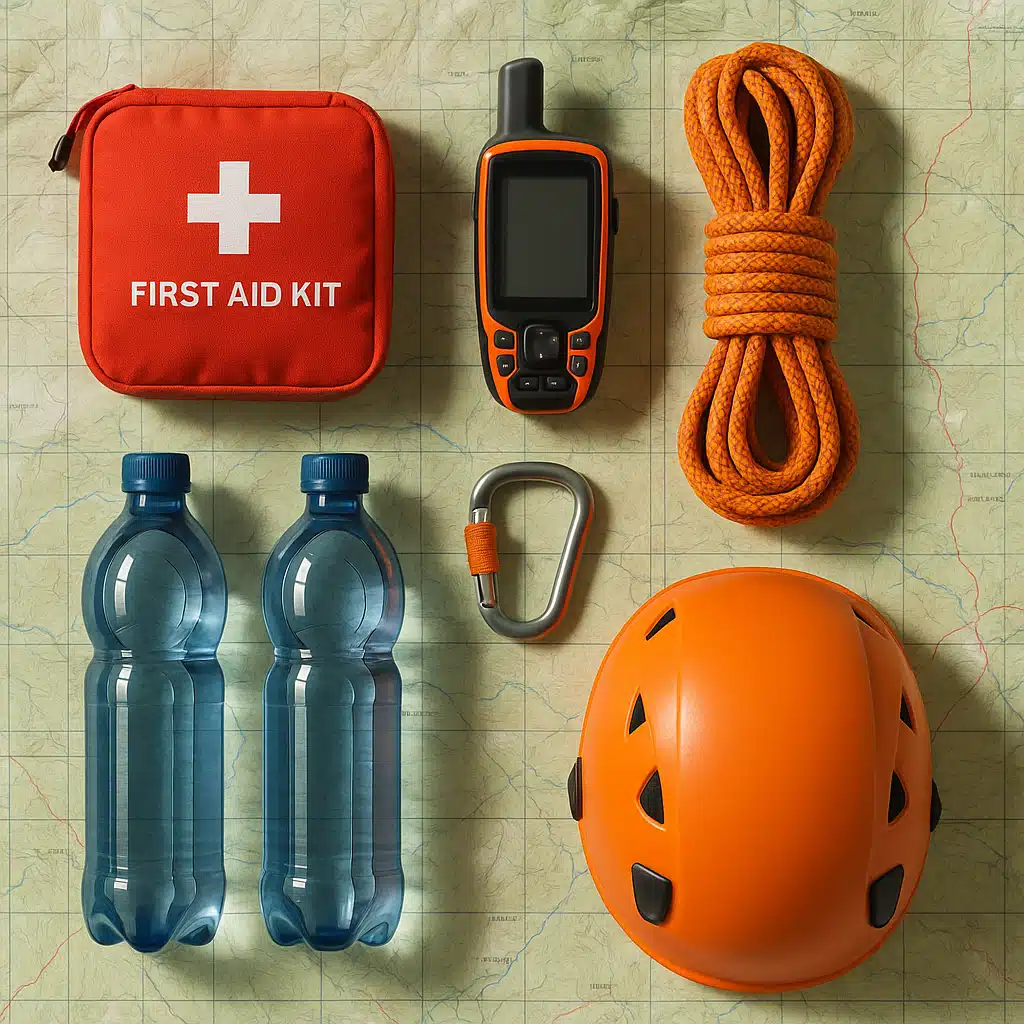 First aid kit, GPS device, water bottles, and safety equipment laid out on a map, organized and ready for outdoor adventure, top-down view with natural lighting
