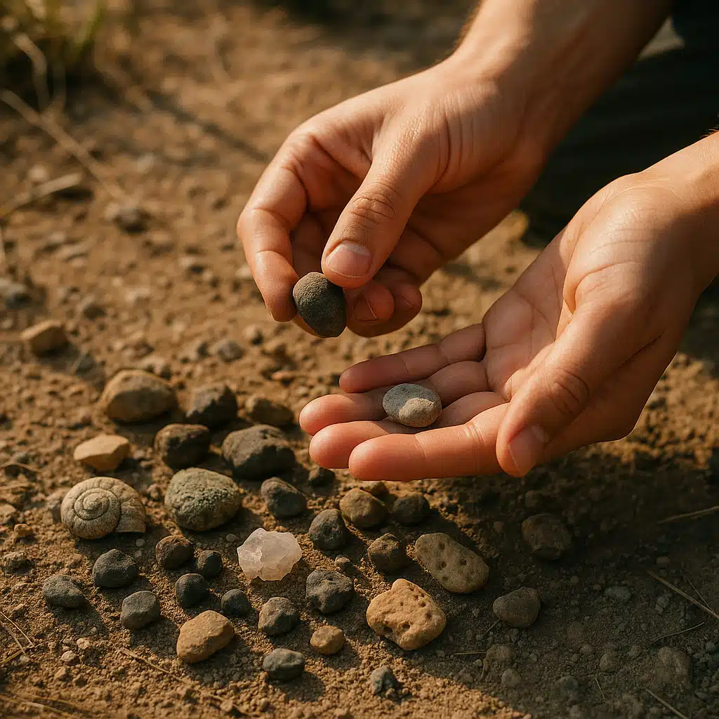 Close-up of hands carefully examining small rocks and natural specimens on the ground, outdoor setting with natural sunlight, respectful and educational tone