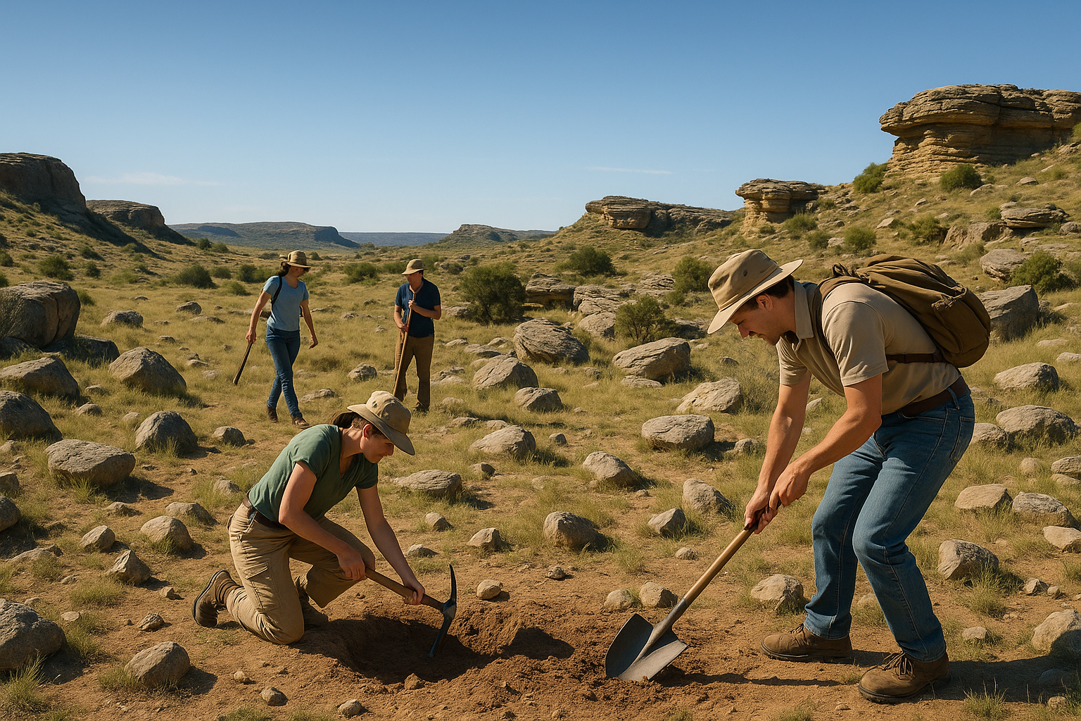 Wide open outdoor landscape with scattered rocks and geological formations, people with digging tools exploring natural terrain under clear blue sky, educational and adventurous atmosphere