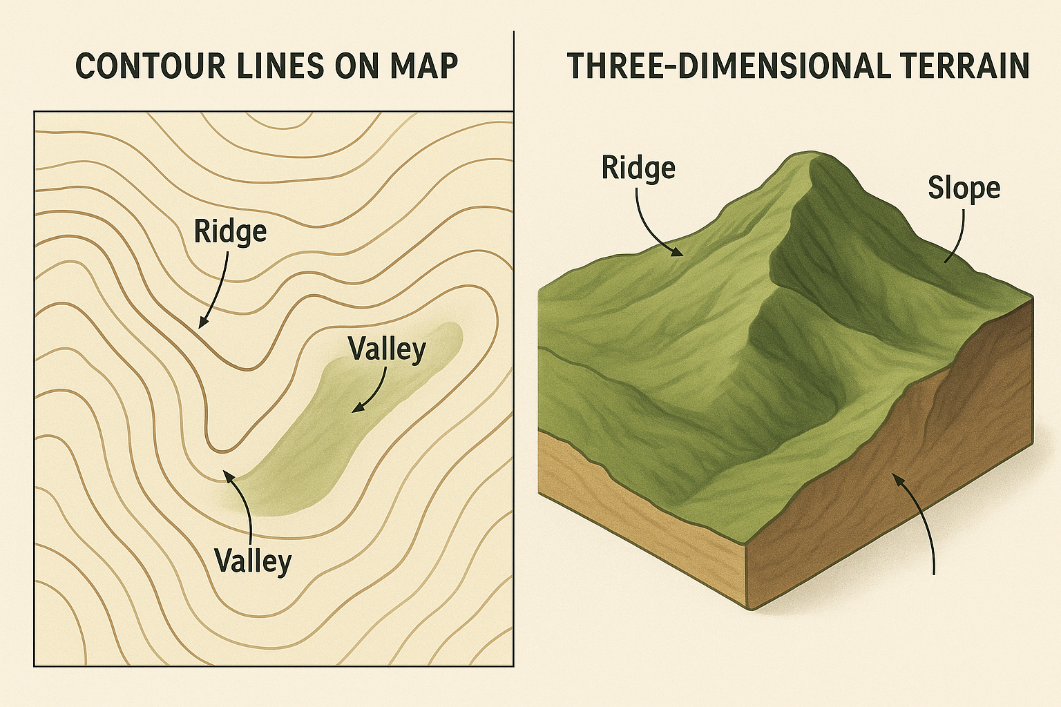 Detailed illustration showing the relationship between contour lines on a map and actual three-dimensional terrain features including ridges, valleys, and slopes, split-screen comparison style, educational diagram with clear labels, professional cartographic design