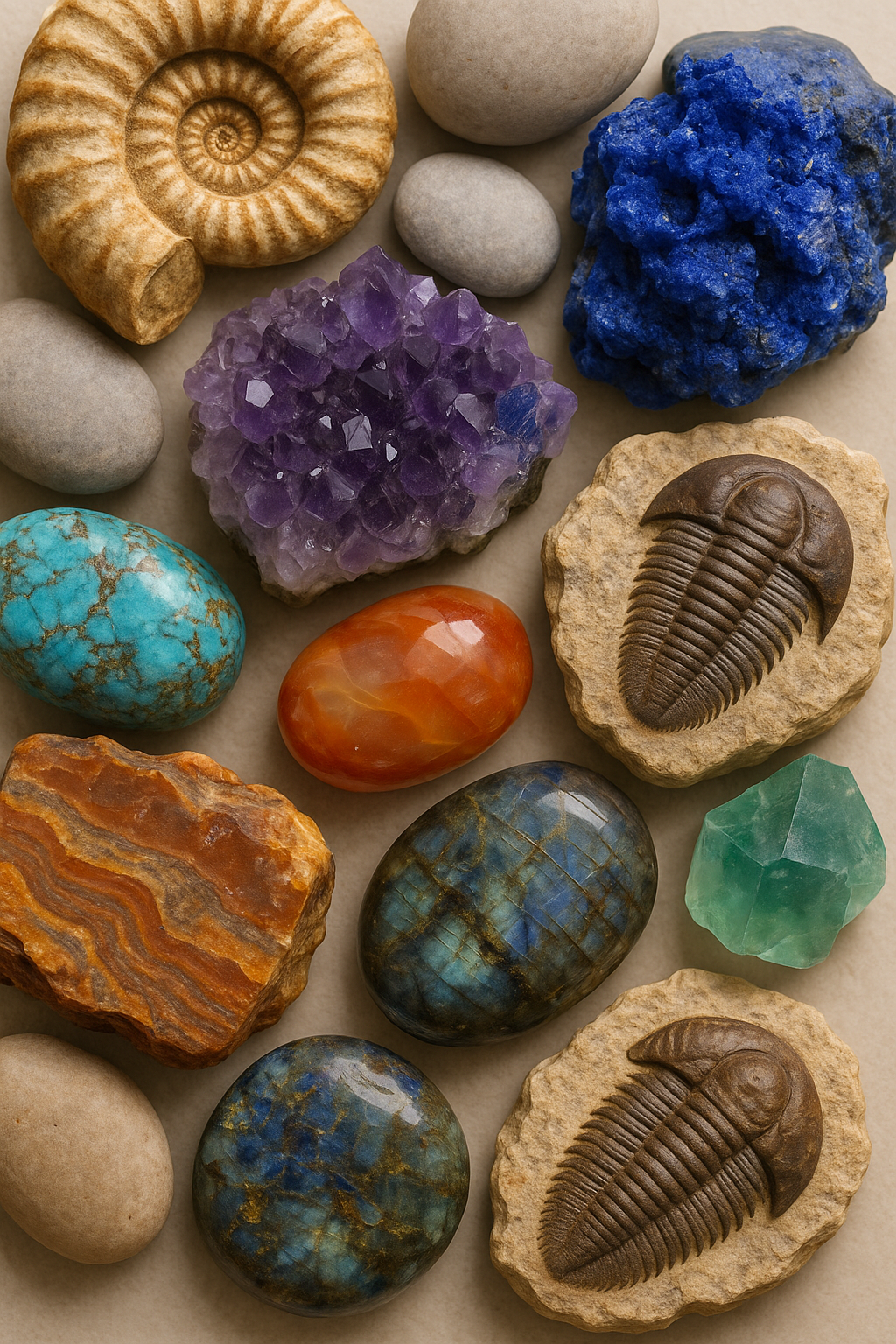Close-up of various colorful minerals, fossils, and smooth river stones arranged on a neutral surface, detailed textures visible, educational and inspiring composition