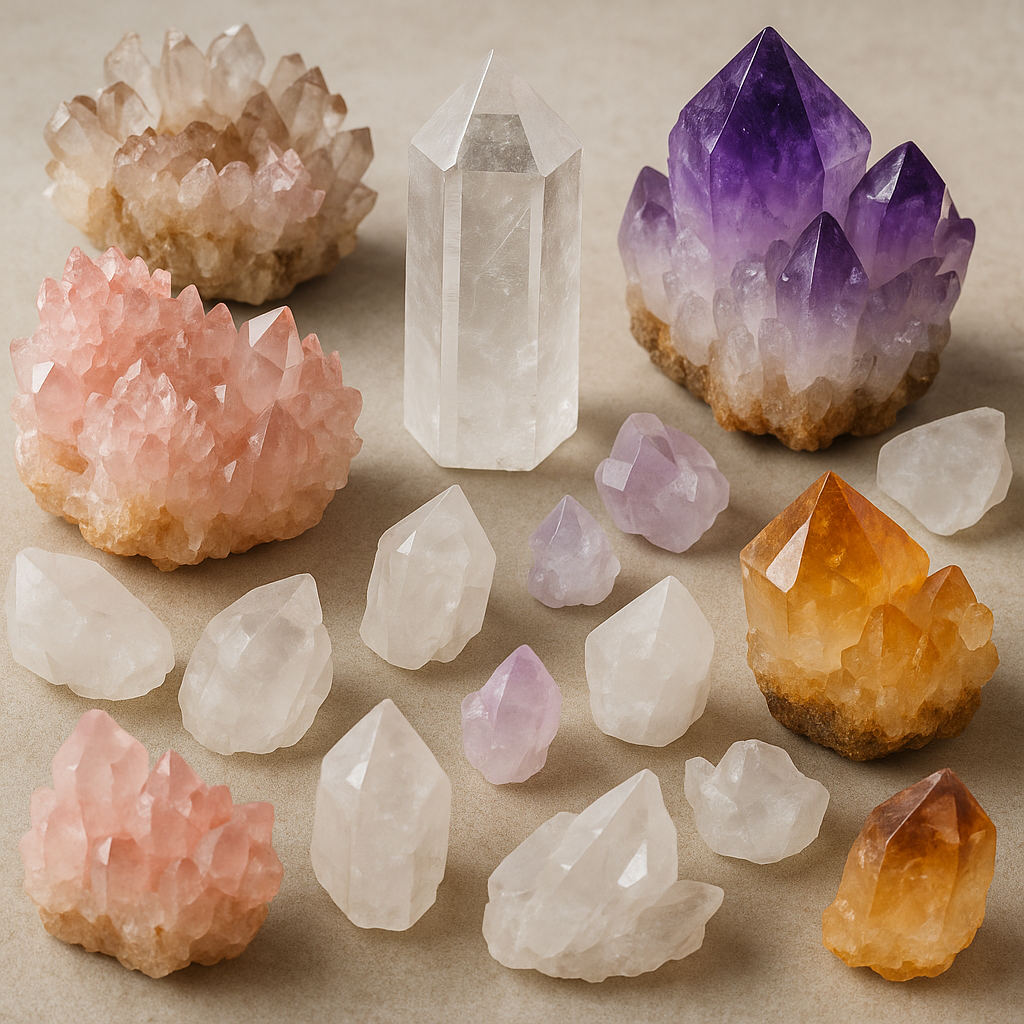 Close-up collection of various quartz crystals in different colors and formations arranged on a neutral surface, natural lighting, educational and informative style