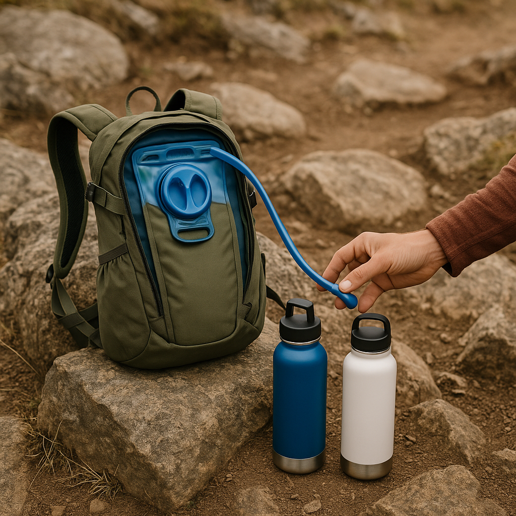 Hydration bladder backpack and insulated water bottles on rocky terrain, with person's hand reaching for water in outdoor setting, emphasis on accessible hydration equipment