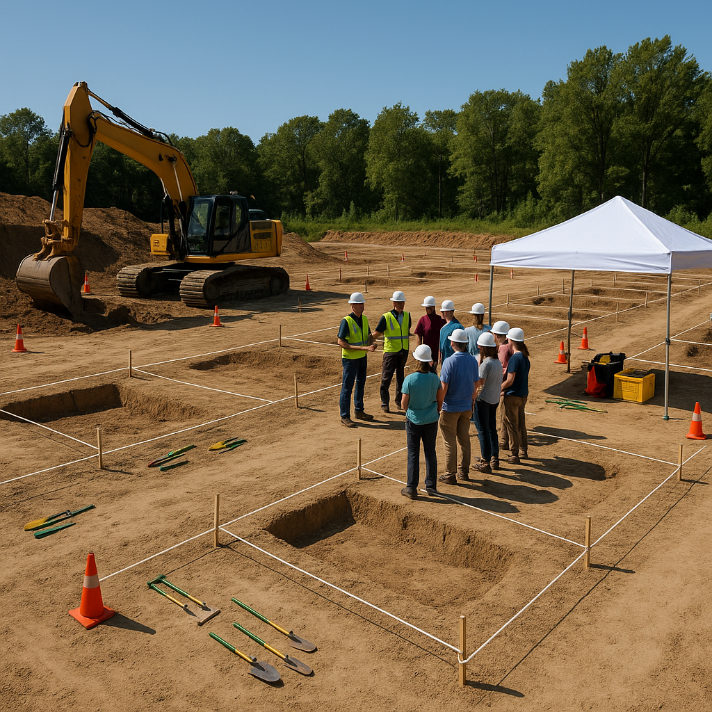 Organized private mining area with marked boundaries, professional digging equipment, small groups receiving instruction from guides, structured and well-maintained environment with safety equipment visible