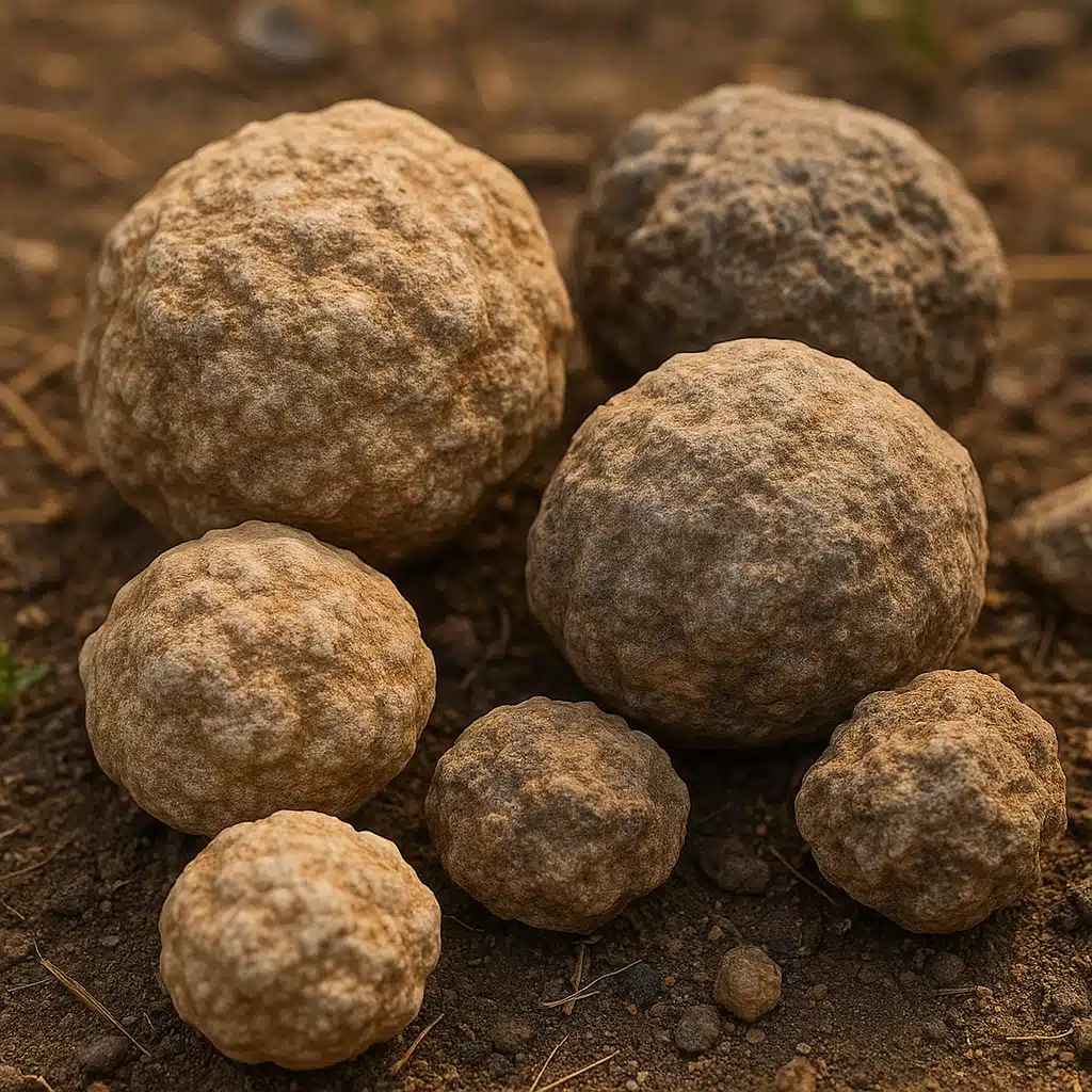 Close-up of several unopened geodes with rough, bumpy exterior surfaces lying on natural ground, showing various sizes and earth-tone colors, natural outdoor lighting, educational and inviting composition