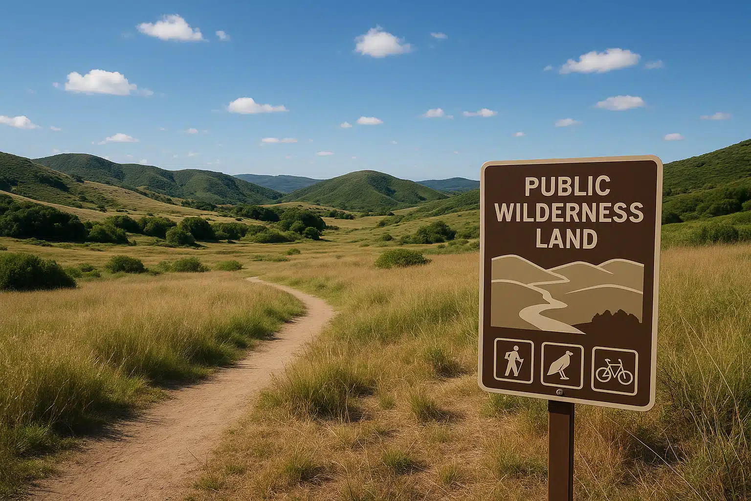 Expansive view of public wilderness land with rolling hills and open spaces, informational signage visible in foreground, clear skies, inviting outdoor recreation atmosphere