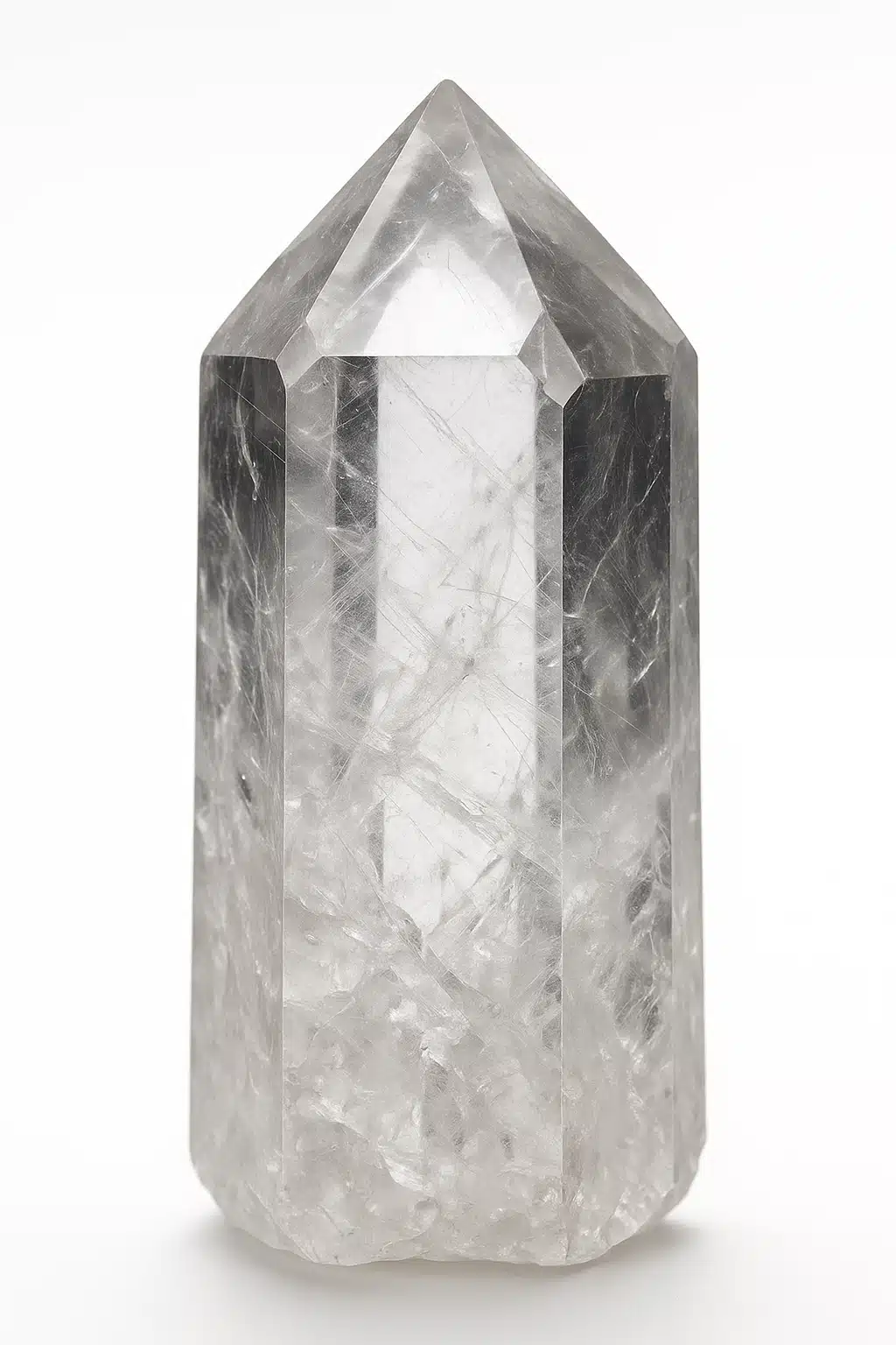 Natural clear quartz crystal point with visible internal structures and facets, macro photography, white background, scientific and detailed presentation