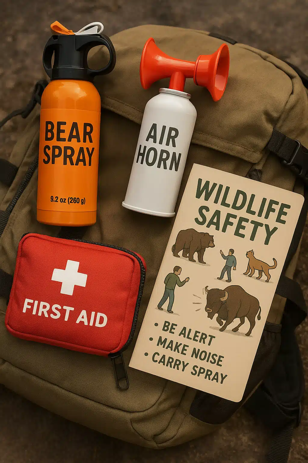 Wildlife safety equipment including bear spray, air horn, and first aid supplies arranged on outdoor gear, with illustrated wildlife safety guide visible, educational and prepared setup