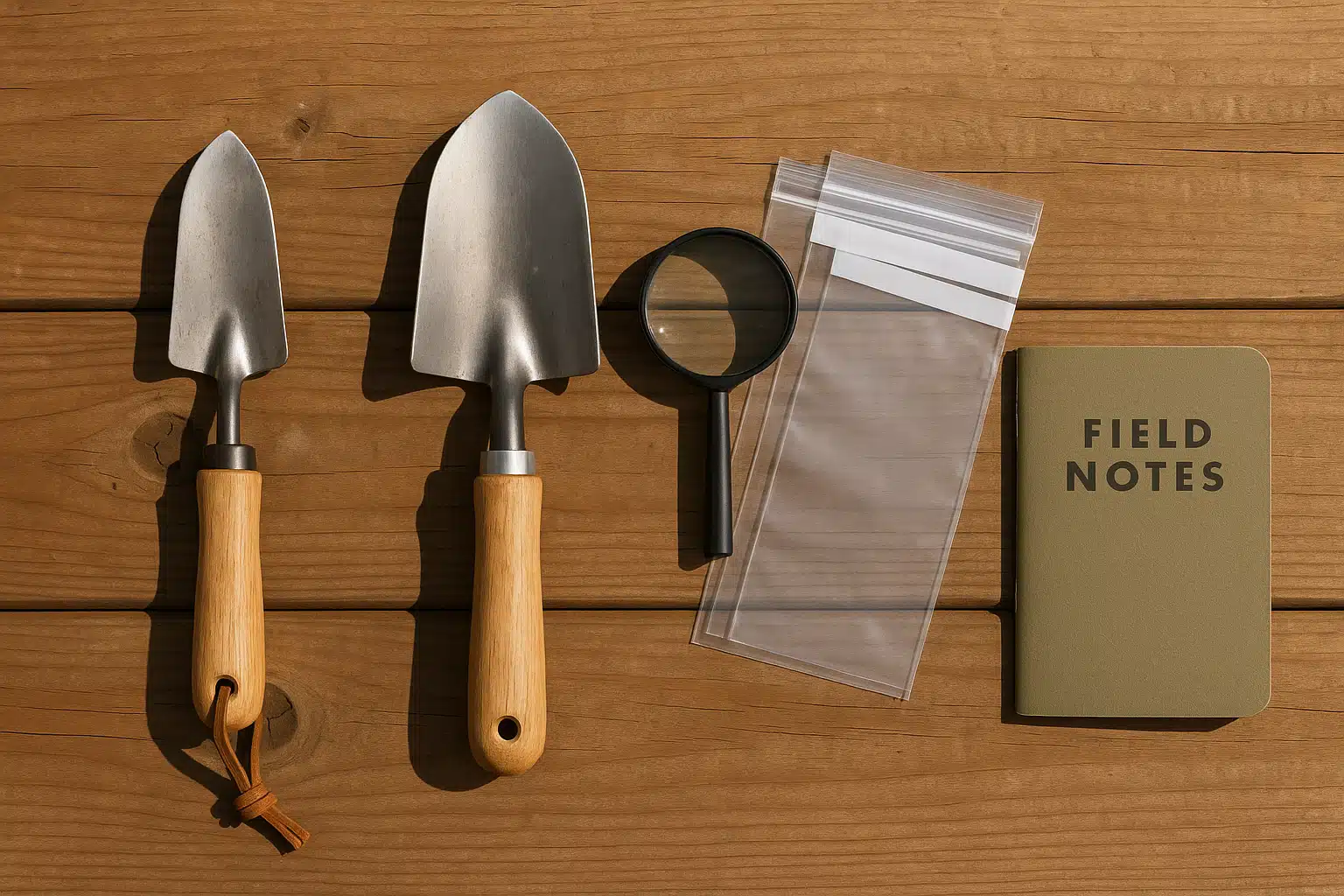 A collection of essential outdoor exploration tools including a small trowel, hand shovel, magnifying glass, collection bags, and field notebook arranged on a wooden surface, natural lighting, practical and organized presentation