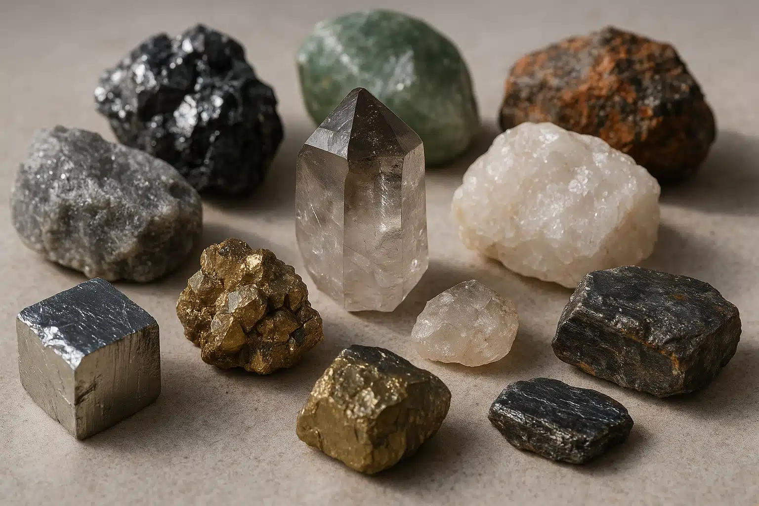 Close-up photograph of various mineral specimens displaying different luster types arranged on a neutral surface, natural lighting highlighting reflective properties, educational and scientific composition
