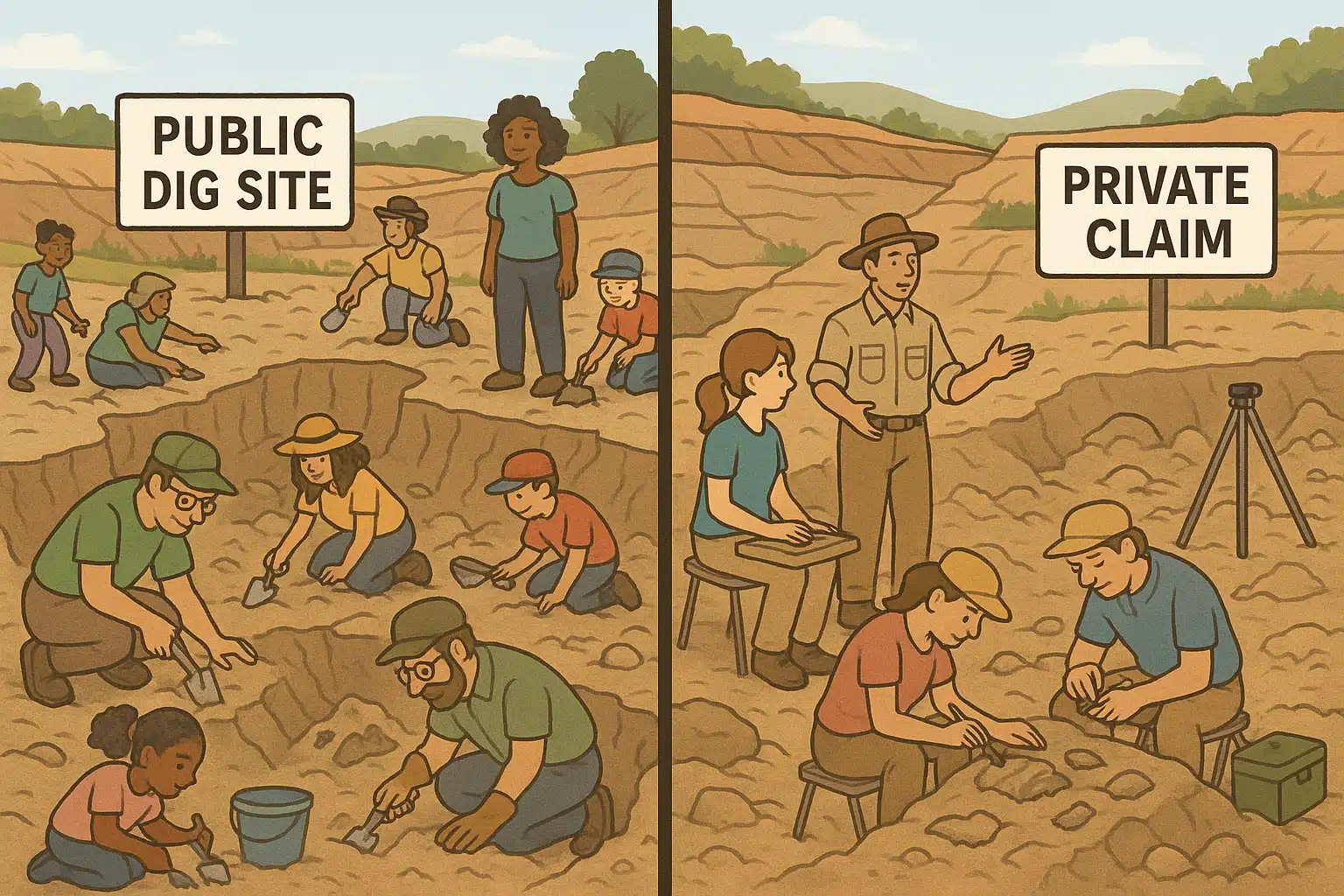 Split-screen comparison showing public dig site with diverse crowd of casual collectors on one side and organized private claim with smaller guided group and professional setup on the other side, bright natural lighting, informative visual style