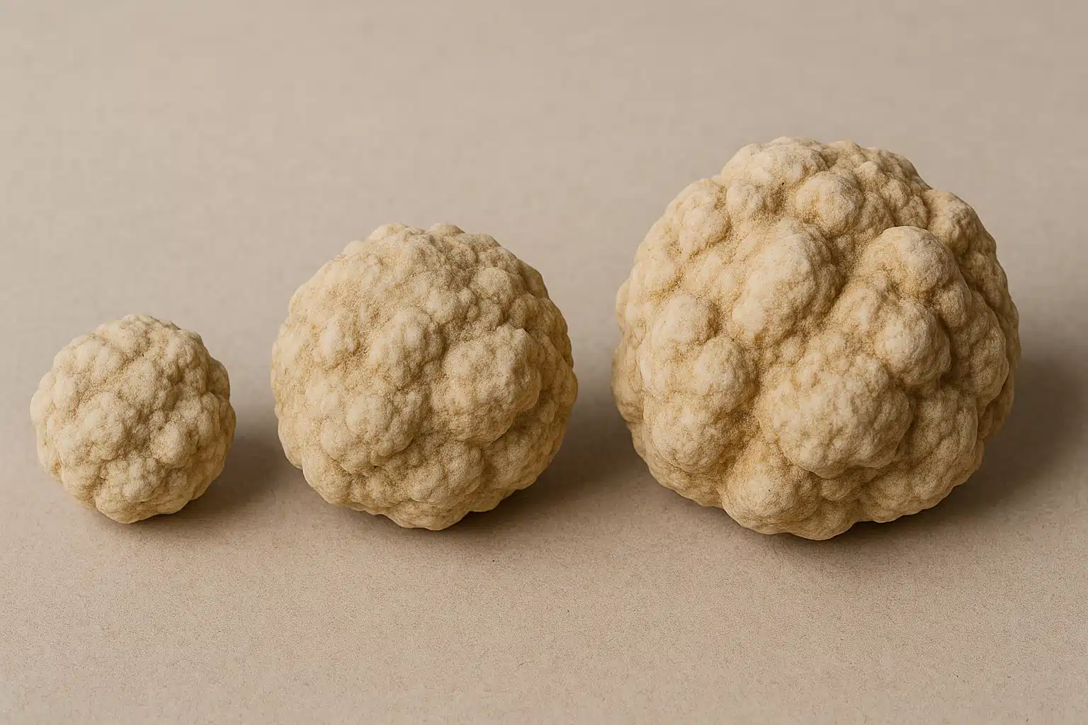 Comparison image showing three geodes of different sizes with bumpy, rounded exteriors arranged on a neutral surface, demonstrating the typical lumpy appearance, clear detail photography, educational style