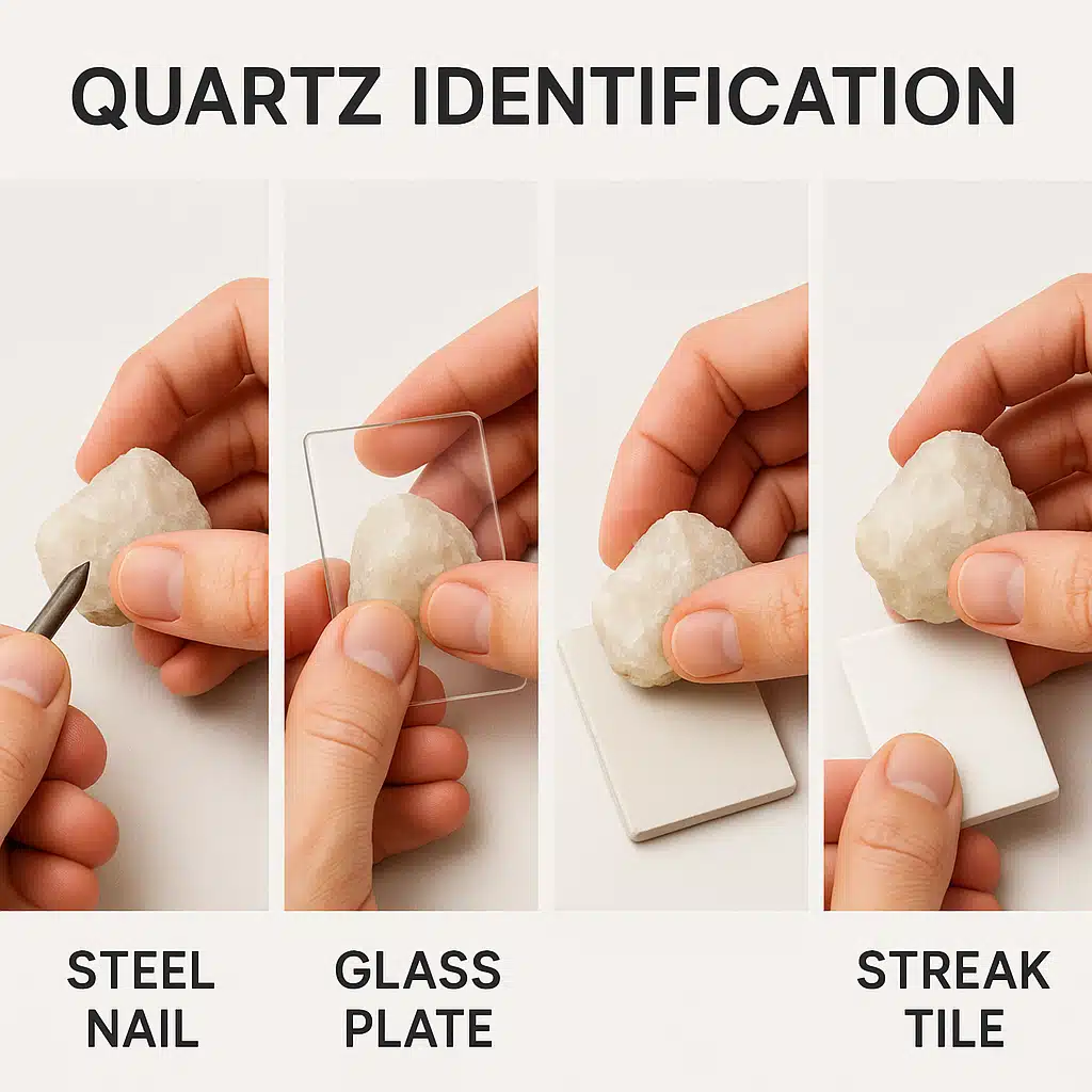 Side-by-side comparison of different quartz hardness tests and identification techniques, hands holding specimens and testing tools, educational demonstration style, bright even lighting
