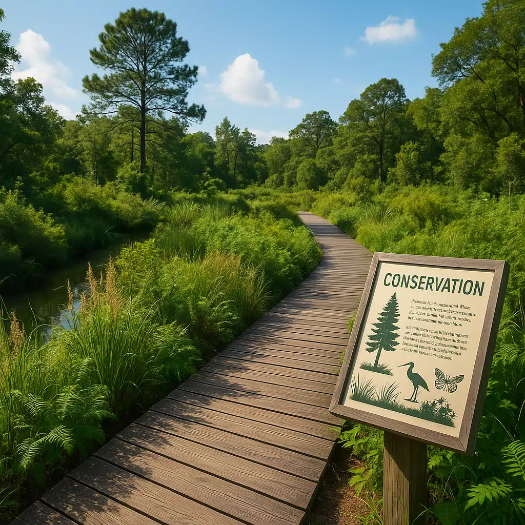 Pristine protected natural area with diverse ecosystem, wooden boardwalk for visitors, informational placard about conservation, lush vegetation, professional nature photography style