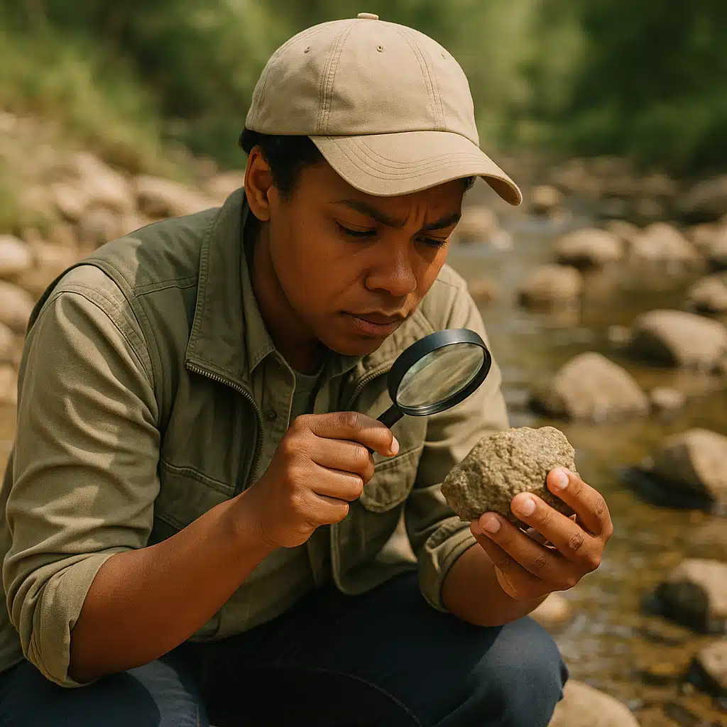 A person carefully examining a rock specimen with a magnifying glass in a natural outdoor creek bed setting, focused and educational atmosphere, casual outdoor clothing, diverse and approachable representation