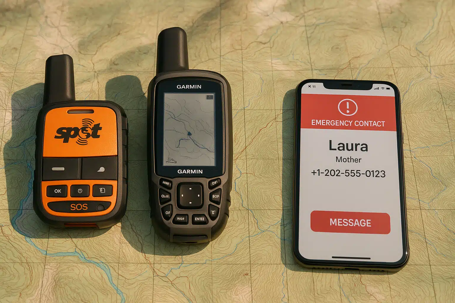 Satellite messenger device and GPS unit displayed on topographic map with smartphone showing emergency contact information, outdoor communication equipment setup with natural lighting