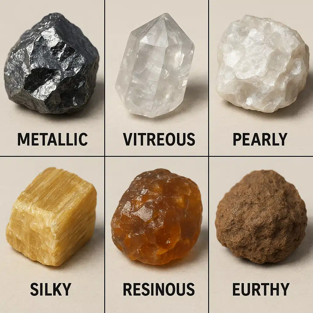Split composition showing six different mineral samples each demonstrating a distinct luster type, labeled educational diagram style, clear detail of surface reflections, professional geology reference aesthetic