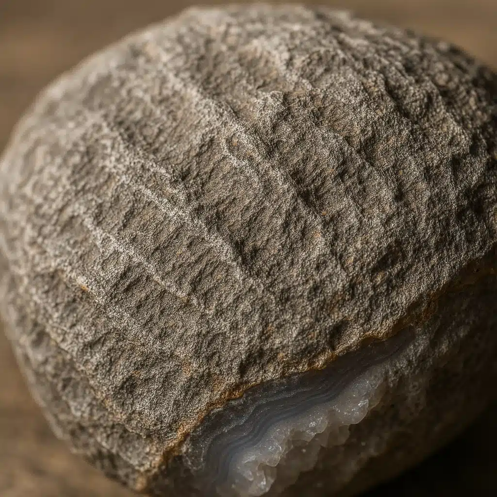 Detailed macro photograph of a geode's rough exterior surface showing texture, grooves, and irregular patterns, natural lighting highlighting the tactile quality, educational close-up perspective