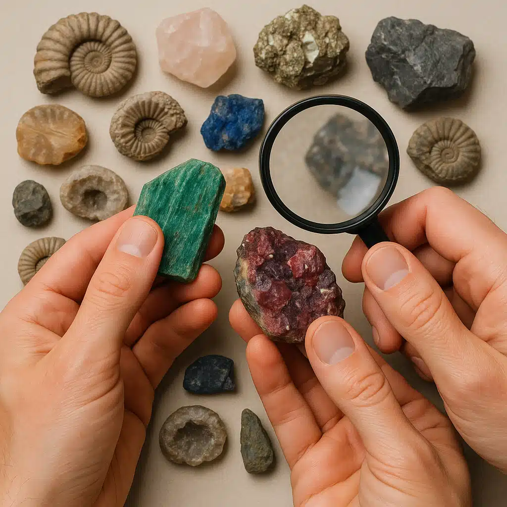 Close-up of hands examining colorful mineral specimens with magnifying tools, collection of various rocks and fossils displayed on neutral surface, detailed and educational photography style with good lighting