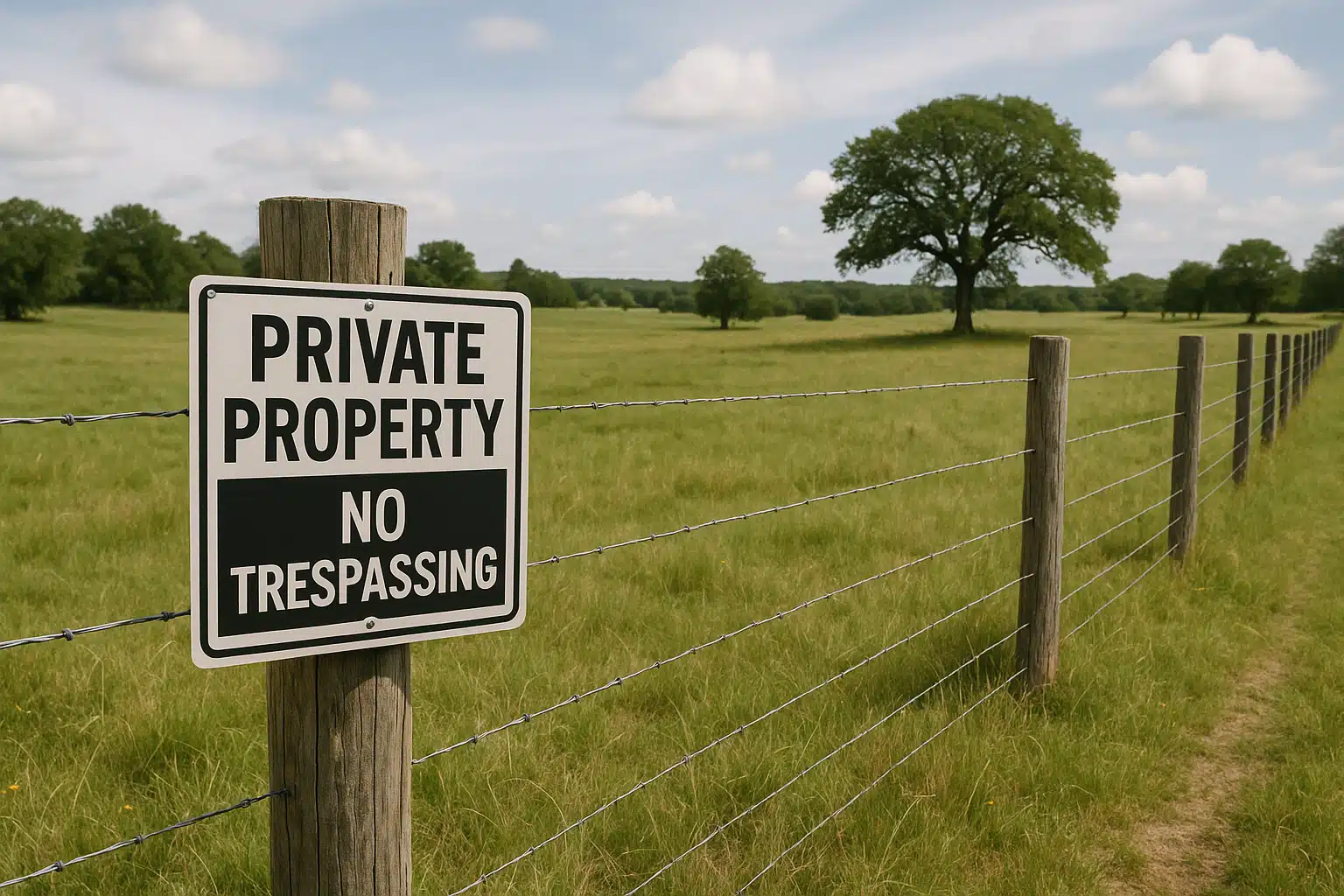 Rural private property boundary with clear fencing and respectful signage, pastoral landscape setting, image conveying importance of property rights and permissions
