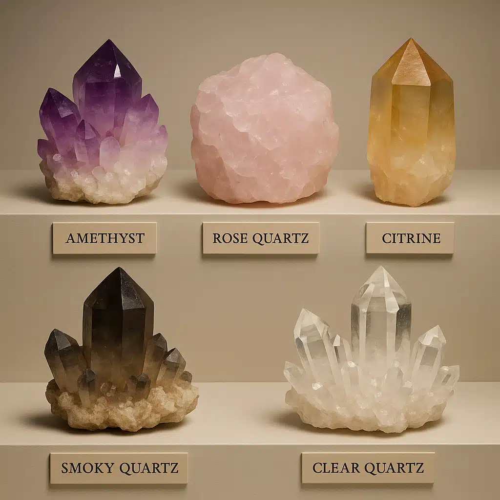 Organized display of labeled quartz varieties including amethyst, rose quartz, citrine, smoky quartz, and clear quartz specimens, museum-quality presentation, soft professional lighting
