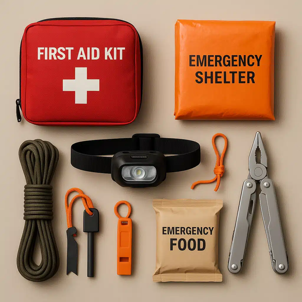 Complete outdoor safety gear laid out including first aid kit, emergency shelter, fire starting tools, headlamp, whistle, multi-tool, and emergency food, organized display on neutral background