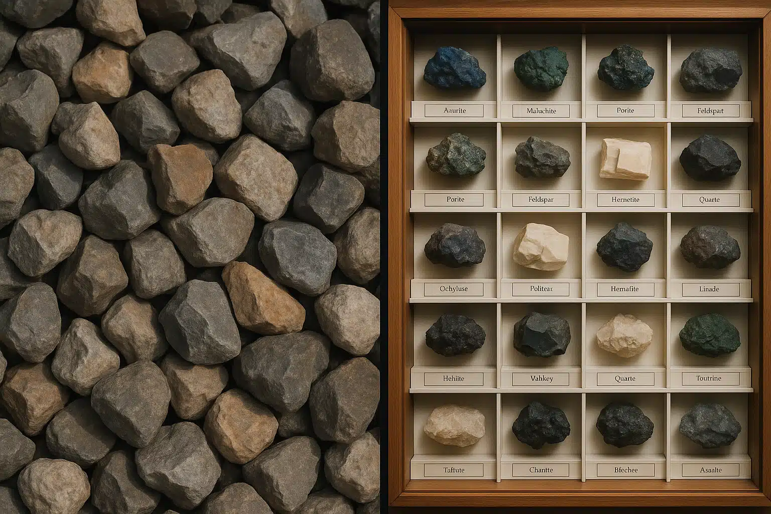 Split image showing a cluttered random collection of ordinary rocks versus an organized curated collection of labeled specimens in display cases, clear comparison emphasizing quality over quantity, educational and organized presentation