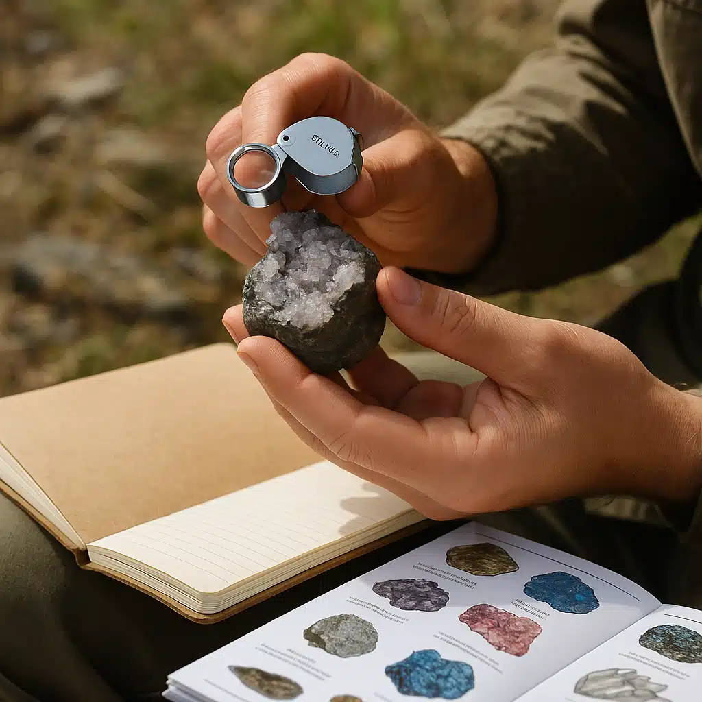 Person examining a mineral specimen with a hand lens outdoors in natural daylight, field notebook and identification guide visible, practical geology and collecting scene