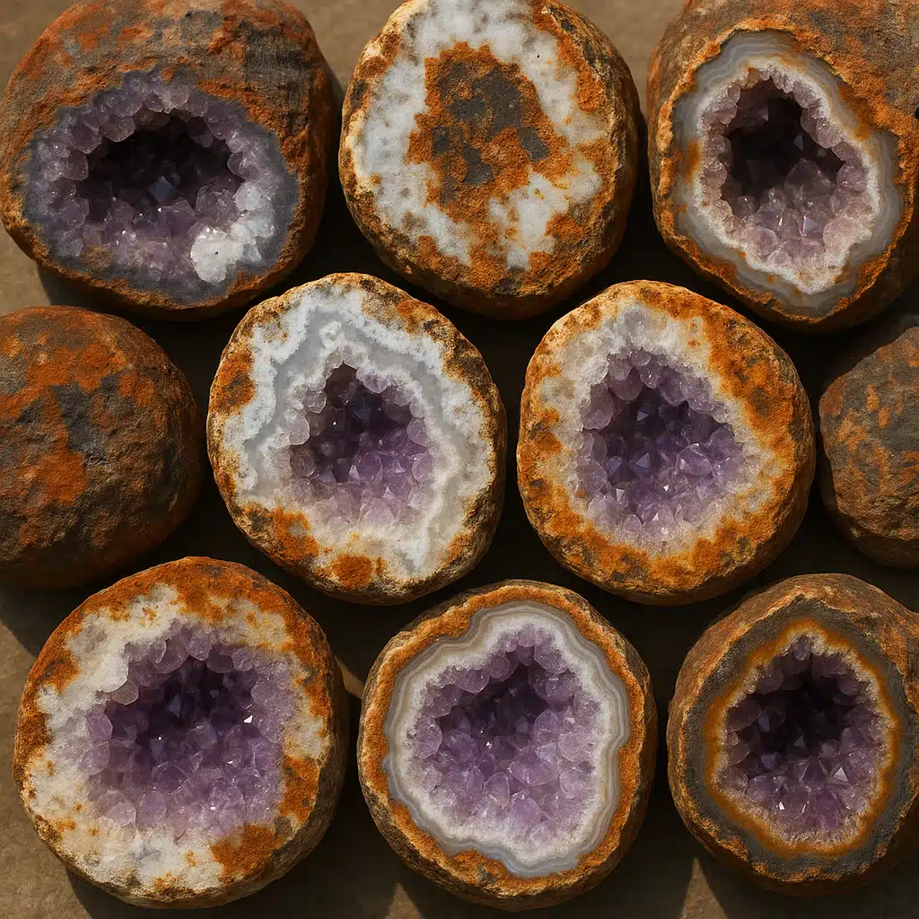 Collection of geodes showing varied exterior colors and mineral staining patterns, including rust tones, white patches, and banded coloration, arranged to display surface details, natural lighting, educational comparison format