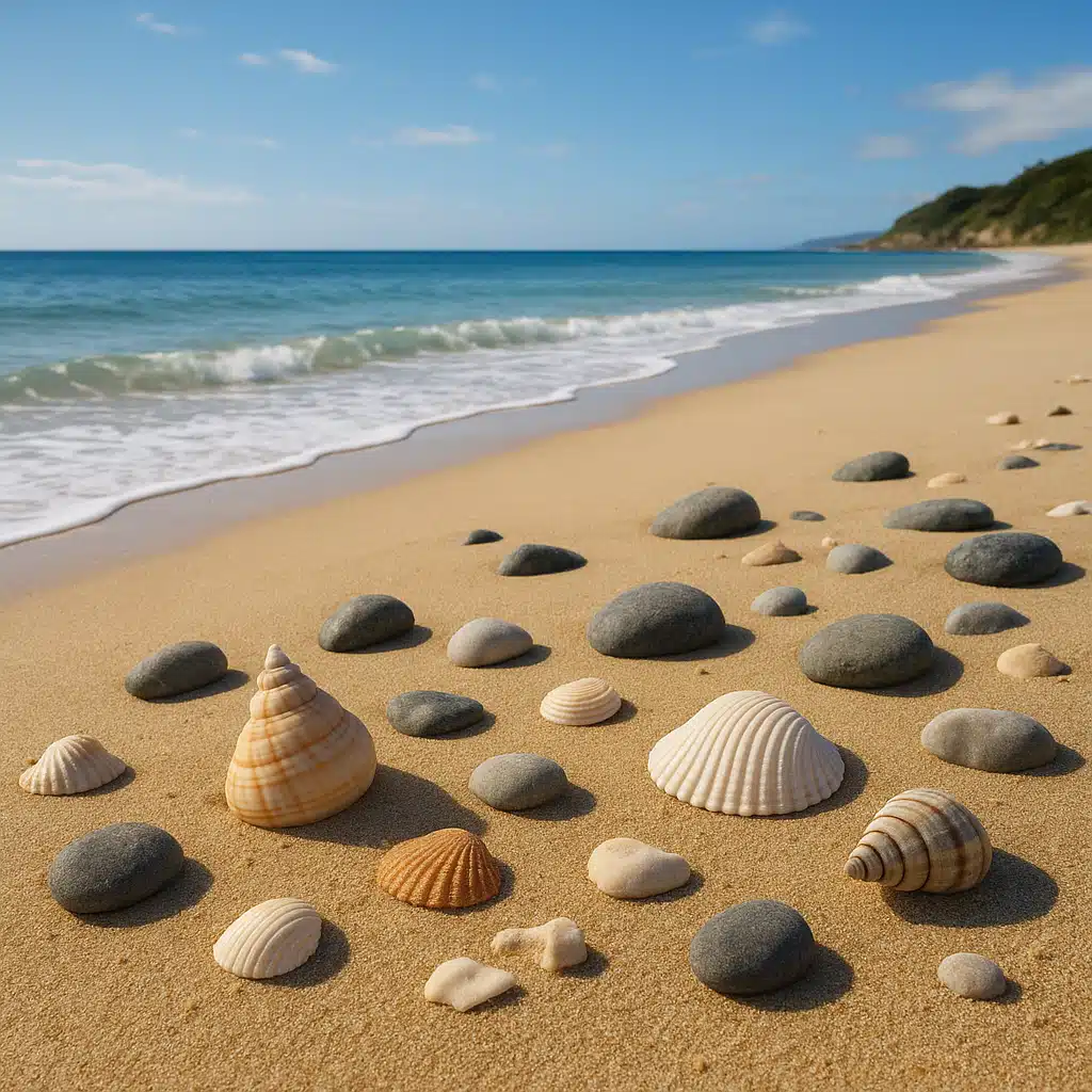 Scenic beach landscape with shells and rocks on sand, gentle waves, educational perspective showing natural coastal environment, bright natural lighting