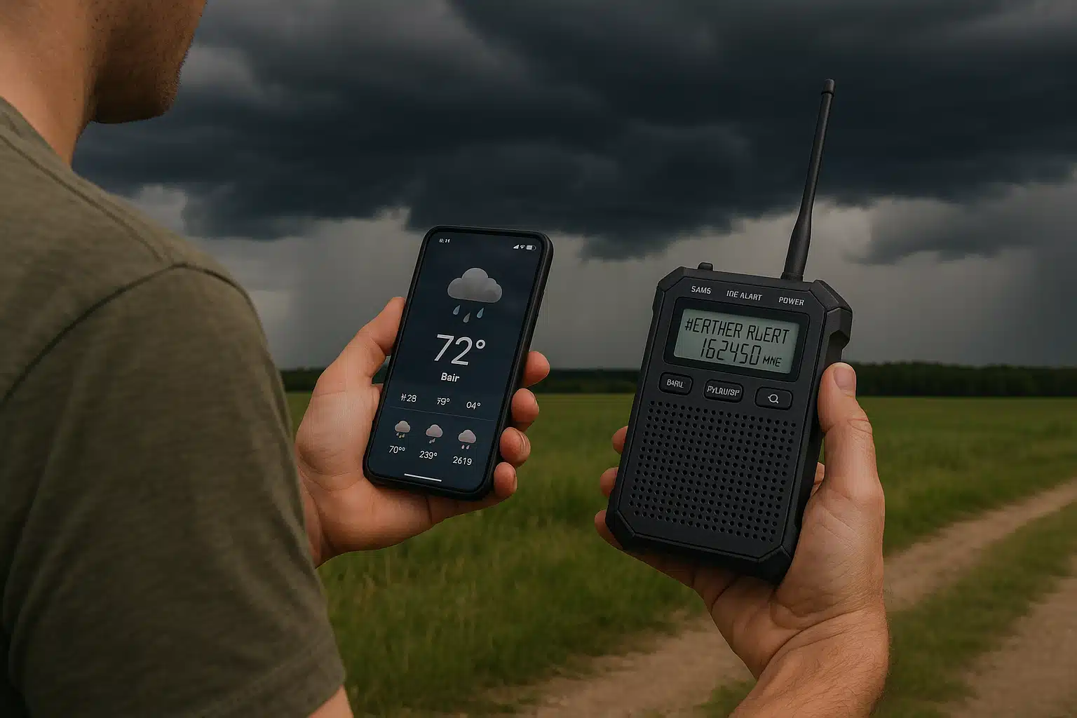 Person checking weather forecast on smartphone and physical weather radio in outdoor setting, with storm clouds visible in distance, demonstrating weather awareness and planning