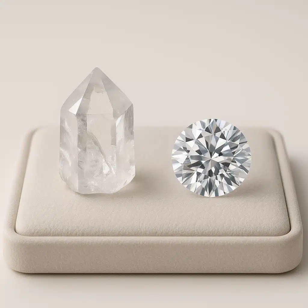 Professional comparison between clear quartz crystal and cut diamond, side by side on jewelry display pad, highlighting differences in brilliance and light reflection, clean studio photography