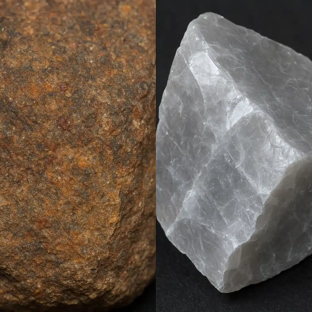 Side-by-side comparison of a weathered mineral surface versus a fresh broken surface of the same specimen, highlighting the importance of examining fresh surfaces for accurate luster identification