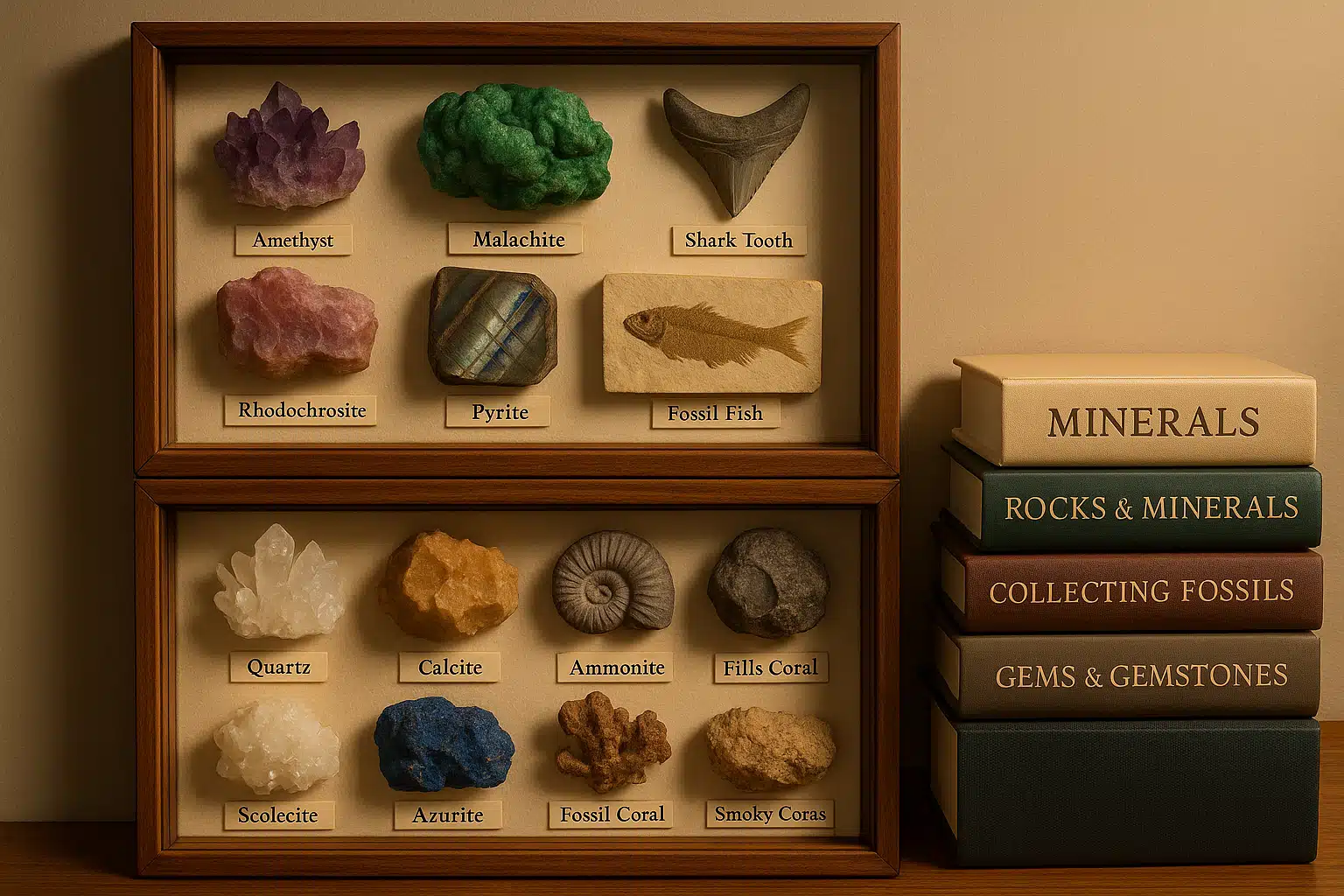 A well-organized home display of curated mineral and fossil specimens in labeled cases with reference books nearby, warm interior lighting, inspiring and educational atmosphere showing the rewards of thoughtful collecting