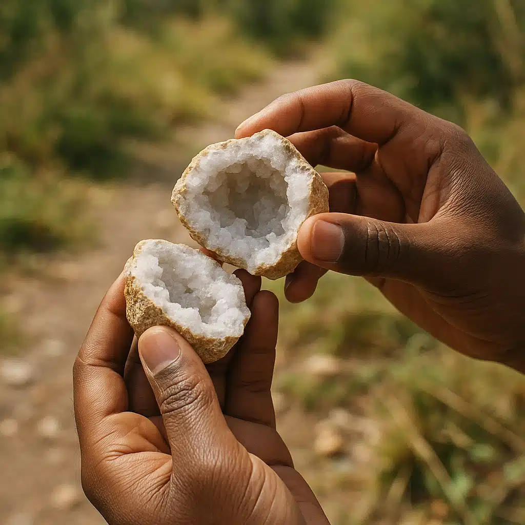 Person's hands holding and examining a potential geode outdoors in natural setting, demonstrating the inspection process, daylight conditions, educational and encouraging composition, diverse perspective