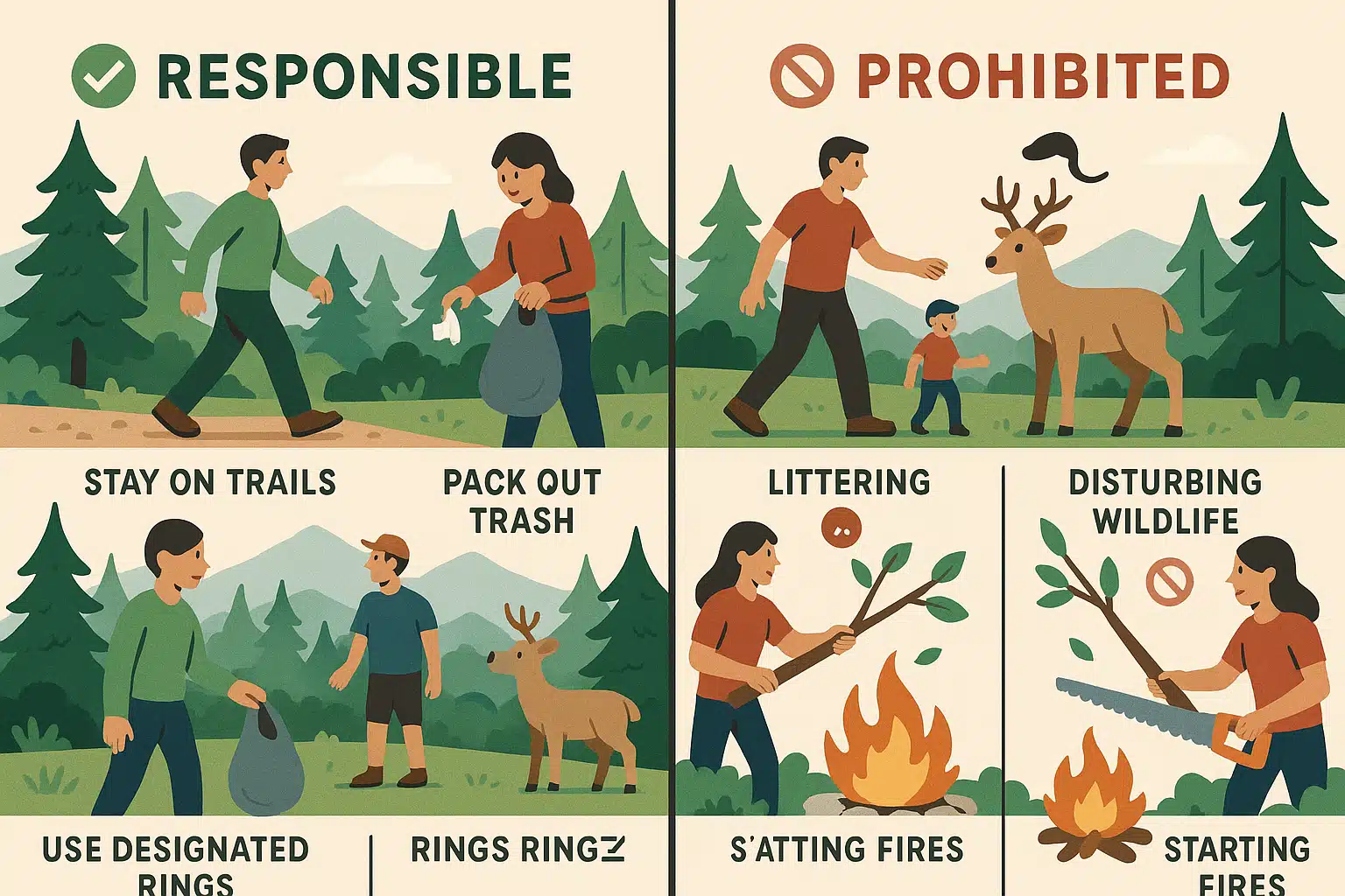 Educational illustration showing proper outdoor ethics, split scene comparing responsible behavior versus prohibited activities, clear visual communication, informative graphic style