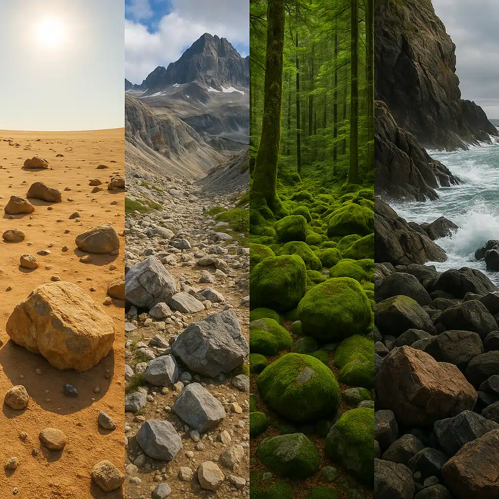 Split composition showing four different rockhounding environments: desert with bright sun, mountain terrain with altitude, dense forest, and rocky coastline, each illustrating unique environmental challenges