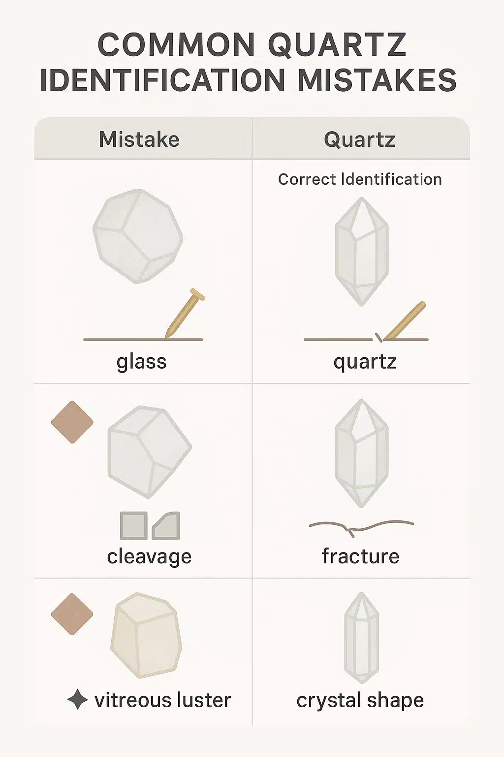 Educational infographic-style image showing common quartz identification mistakes and corrections, visual comparison chart format, clean modern design with clear labels