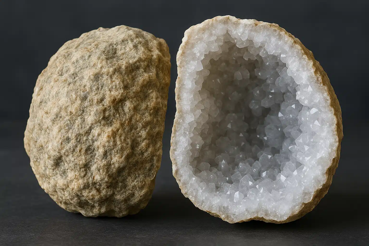 Split geode showing the contrast between rough exterior and sparkling crystal interior, educational comparison demonstrating what collectors search for, professional photography with clear detail of both surfaces