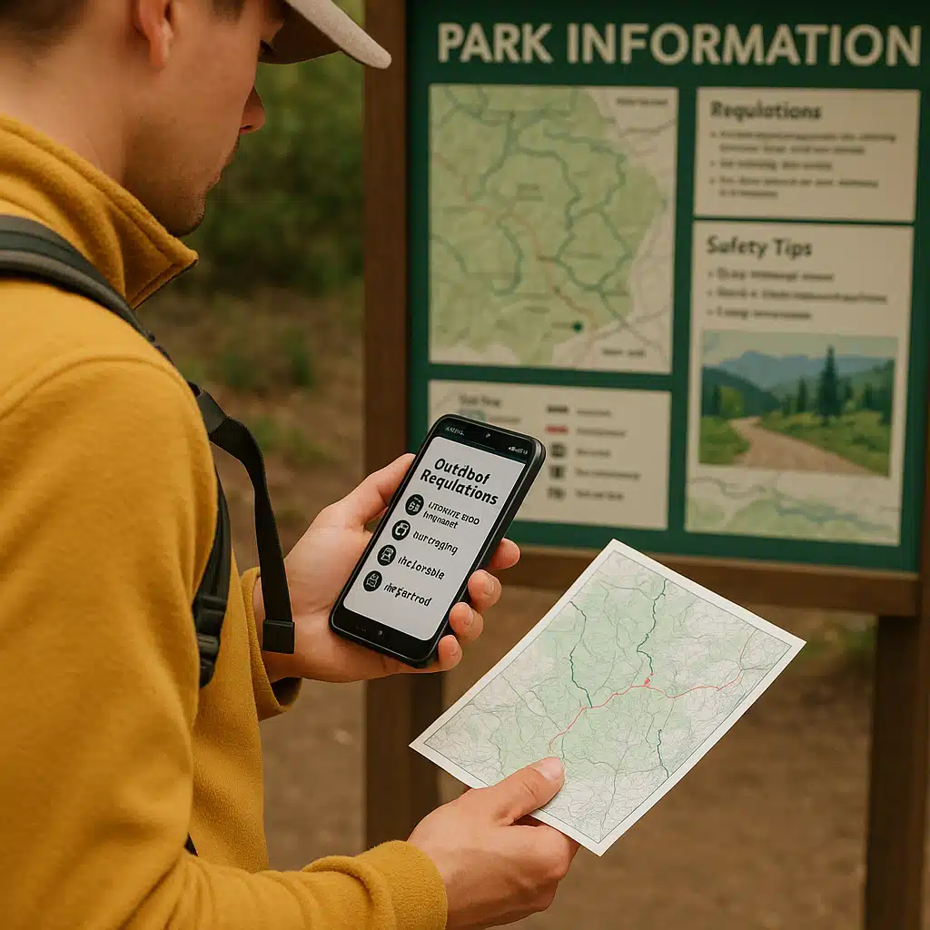 Person using smartphone and map to research outdoor regulations at trailhead, park information board visible in background, prepared outdoor explorer concept