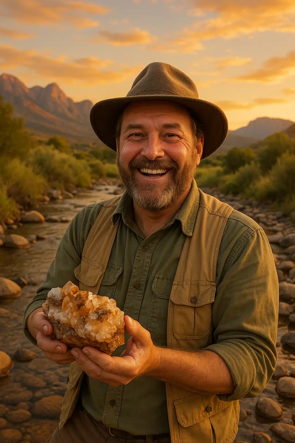 A happy collector standing in a scenic creek bed holding a specimen, diverse landscape visible in background, golden hour lighting, inspiring and aspirational mood showing the joy of the collecting hobby