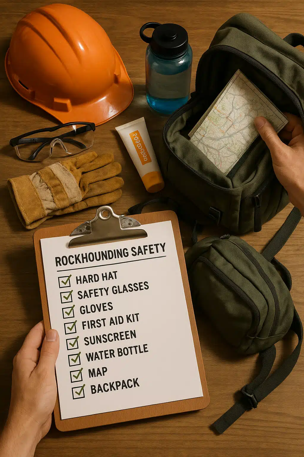 Organized checklist on clipboard with rockhounding safety gear being systematically checked and packed into backpack, methodical preparation scene with good lighting
