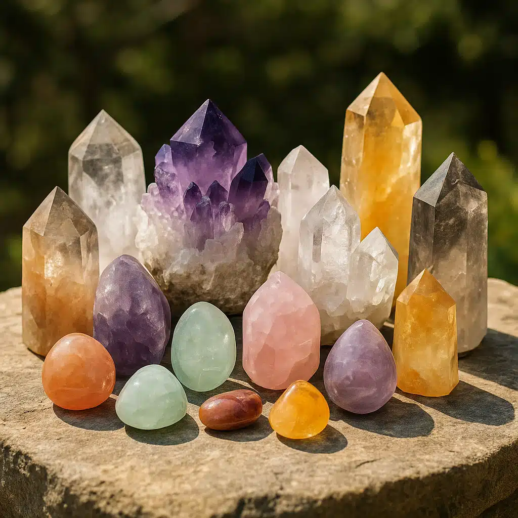 Beautiful collection of various natural quartz specimens arranged artistically, including clusters, points, and polished pieces in multiple colors, natural outdoor lighting, inspiring and appreciative composition