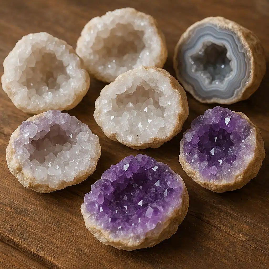 Beautiful collection of opened geodes displaying various crystal formations including clear quartz, purple amethyst, and banded agate, arranged on natural wood surface, soft lighting highlighting crystal sparkle, inspiring and rewarding composition