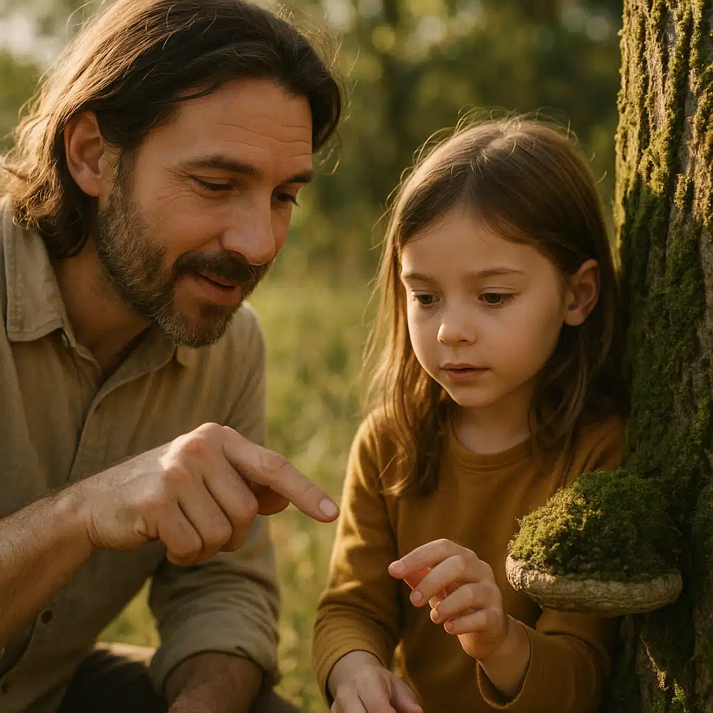 Adult and child examining natural specimen together outdoors without removing it, educational moment in nature, respectful observation, warm natural lighting