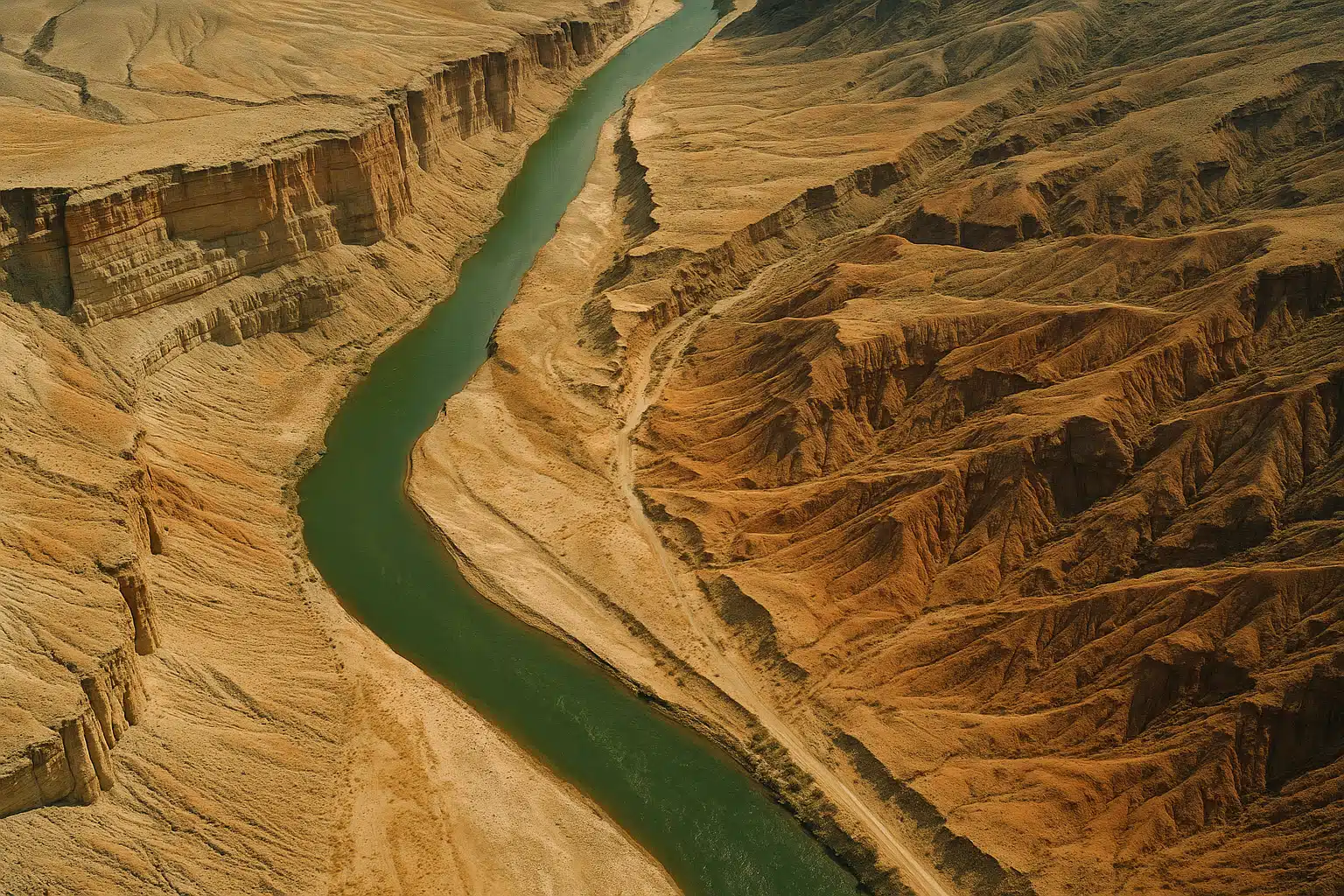 Aerial perspective photograph showing geological features including a river cutting through layered rock formations, exposed cliff faces, and varied terrain with visible erosion patterns, natural colors, clear geological detail, documentary photography style