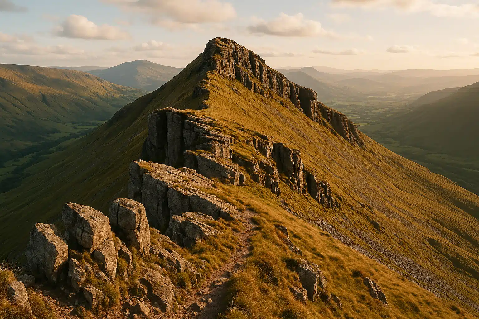 Landscape photograph of a prominent ridge formation with visible rock outcrops, showing the relationship between elevated terrain and surrounding valleys, late afternoon lighting emphasizing geological features, outdoor exploration perspective