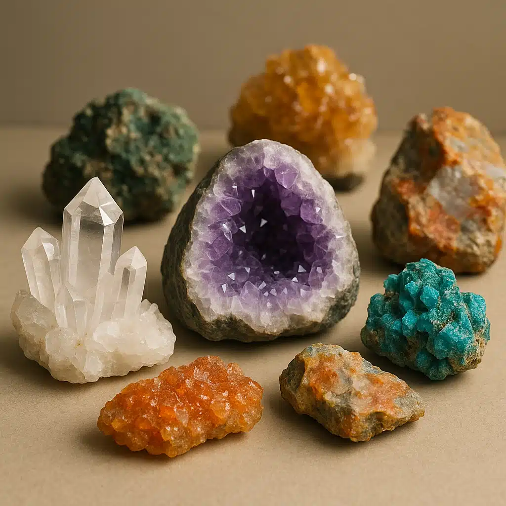 Collection of various mineral specimens including quartz crystals, amethyst geodes, and other colorful minerals arranged on a display surface with soft lighting, educational presentation style, detailed close-up showing crystal structures and natural beauty